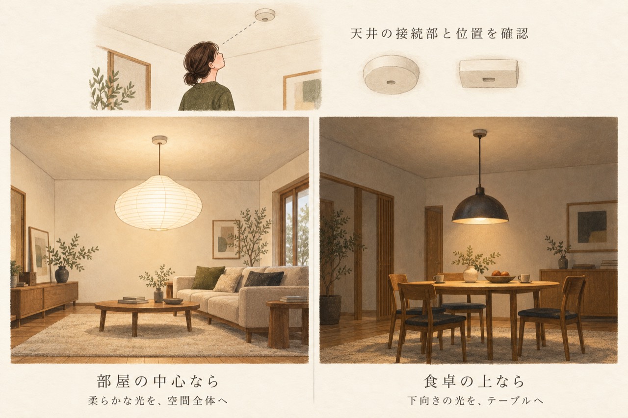 天井の受け口が部屋中央にある場合と食卓の上にある場合の照明選びを比べた図