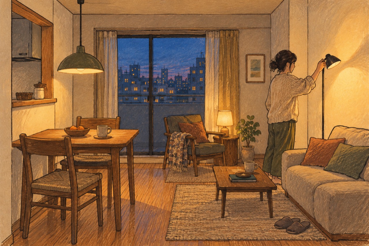 夕暮れの賃貸リビングで人物がフロアライトを壁に向けるイラスト